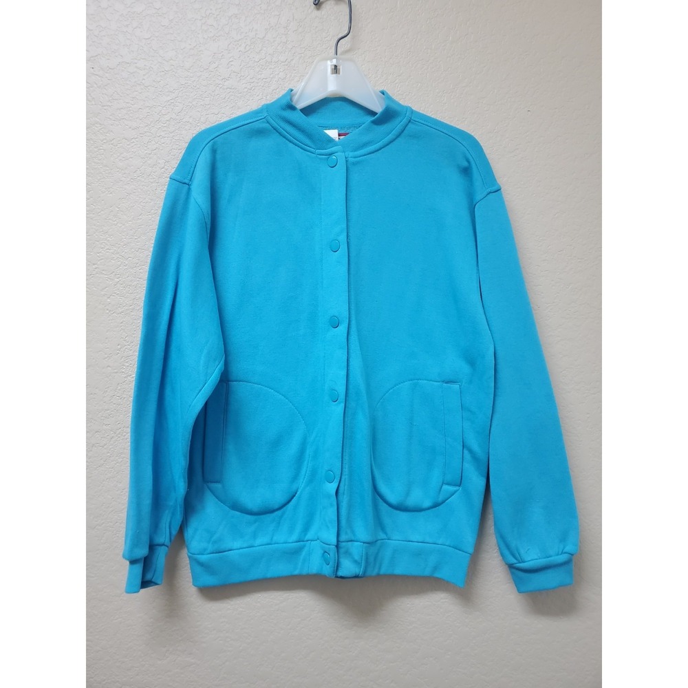 Vintage Tudor Court Blue Fleece Sweatshirt Button Front Top Petite Small PS 90s